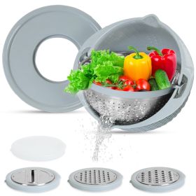 Multifunctional Mixing Bowl with Lid Set 3 Replaceable Graters Food Strainer and Colander Fruit Vegetable Washing Basket Stainless Steel (Option: Colander Blue)