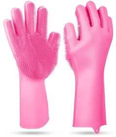 1 Pair Magic Silicone Brush Dishwashing Gloves Cleaning Sponge Pet Scrubber Heat Resistant Wash Gloves (Option: DishWashGlove Pink)